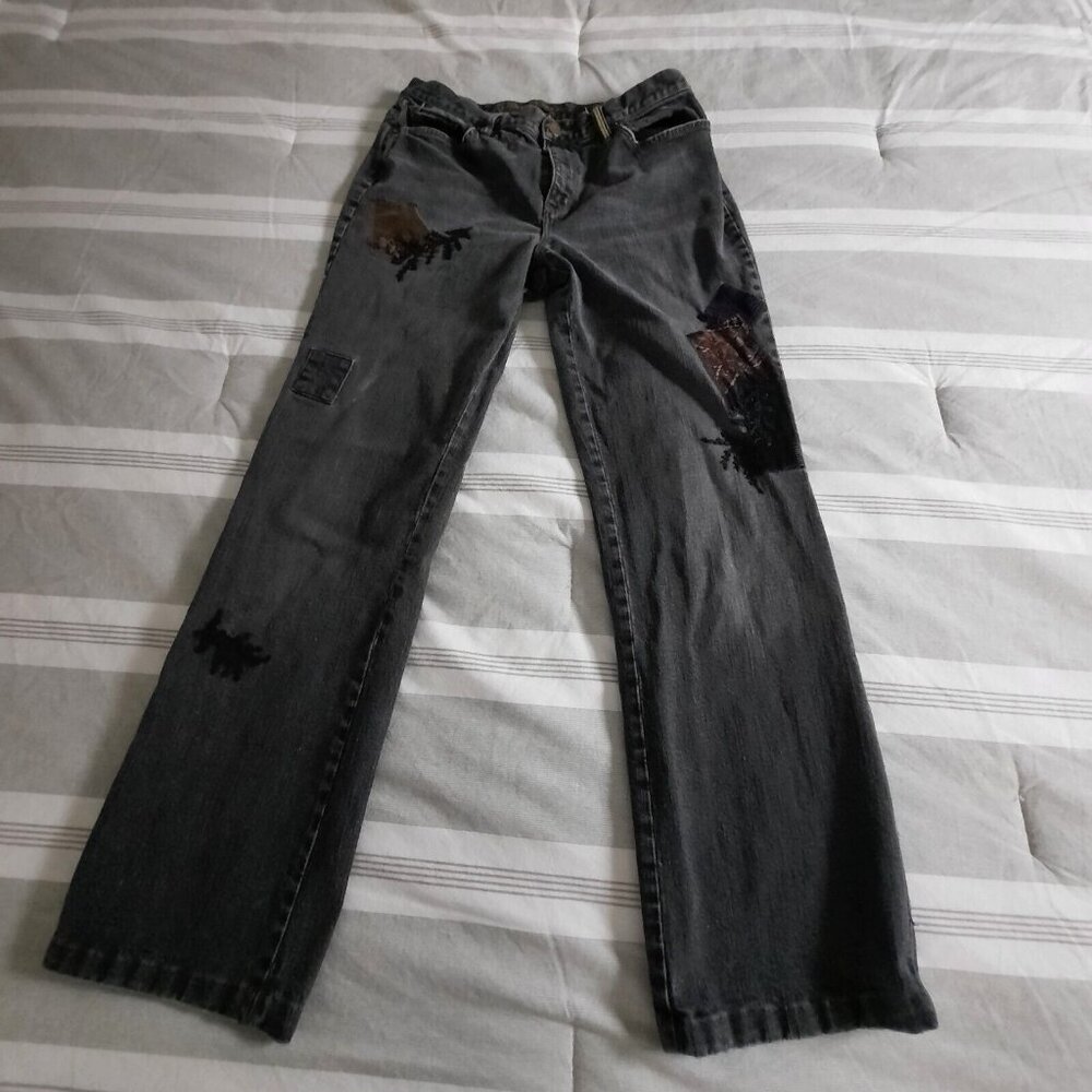 Lauren Jeans Co Women 10 Classic Straight Black Denim Embroidered Distressed